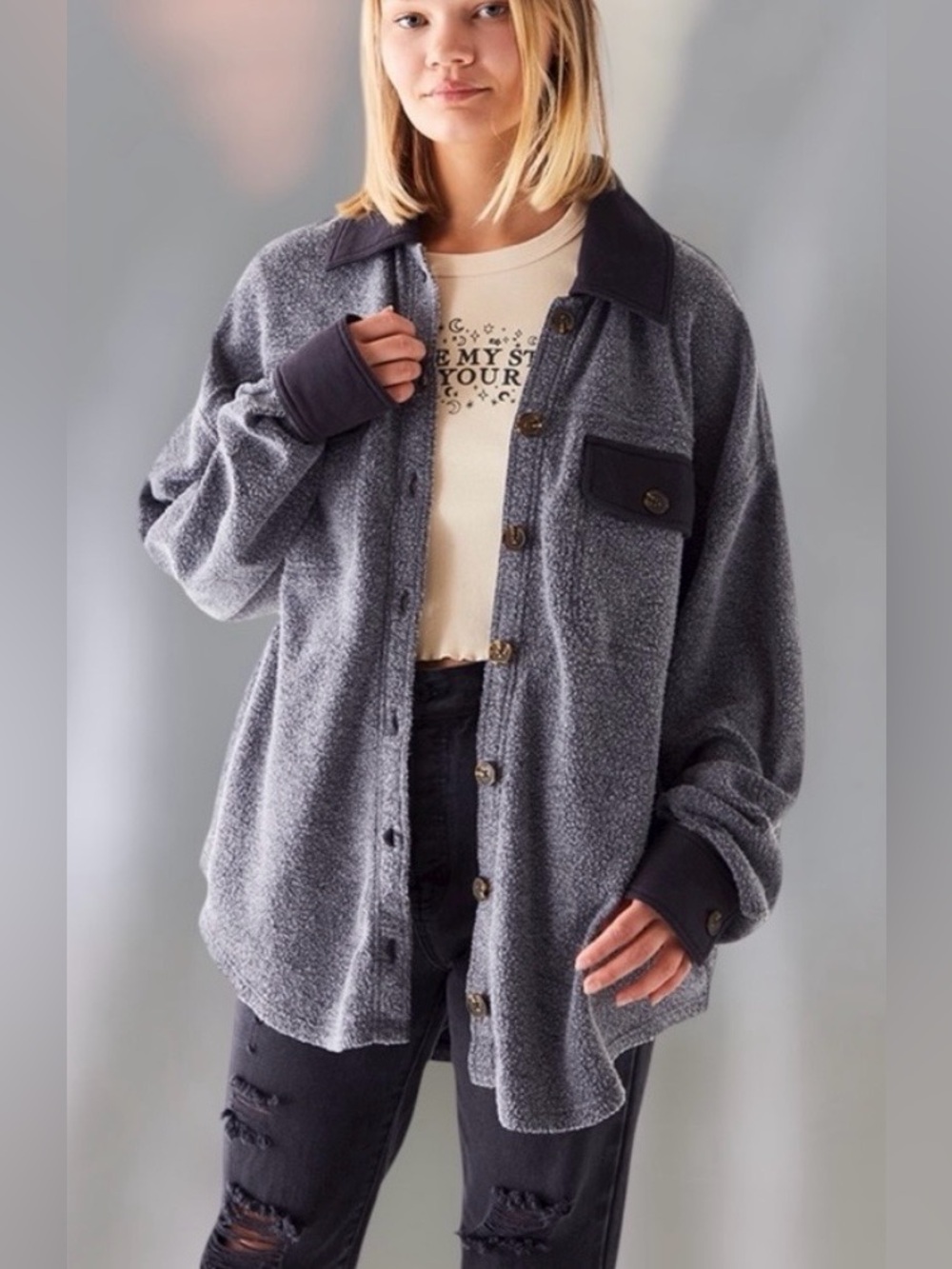 Pacsun Homecoming Button Down Shacket Flannel XS/S Gray Cozy Soft